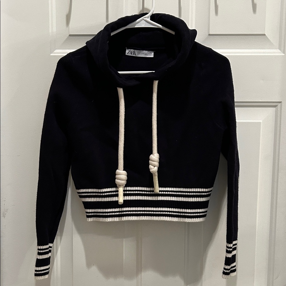 Zara Black and White Striped Hoodie Cropped knit